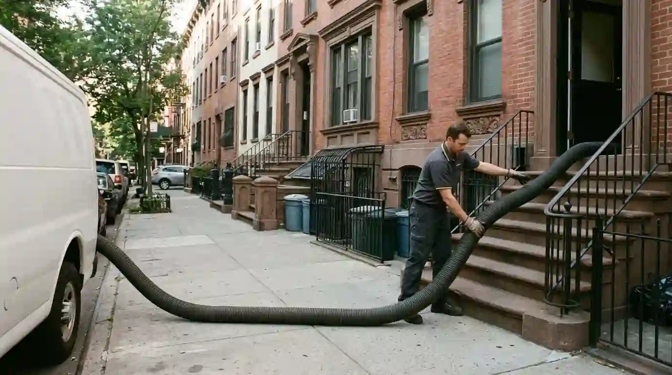 Extraction hose running up a row house stoop