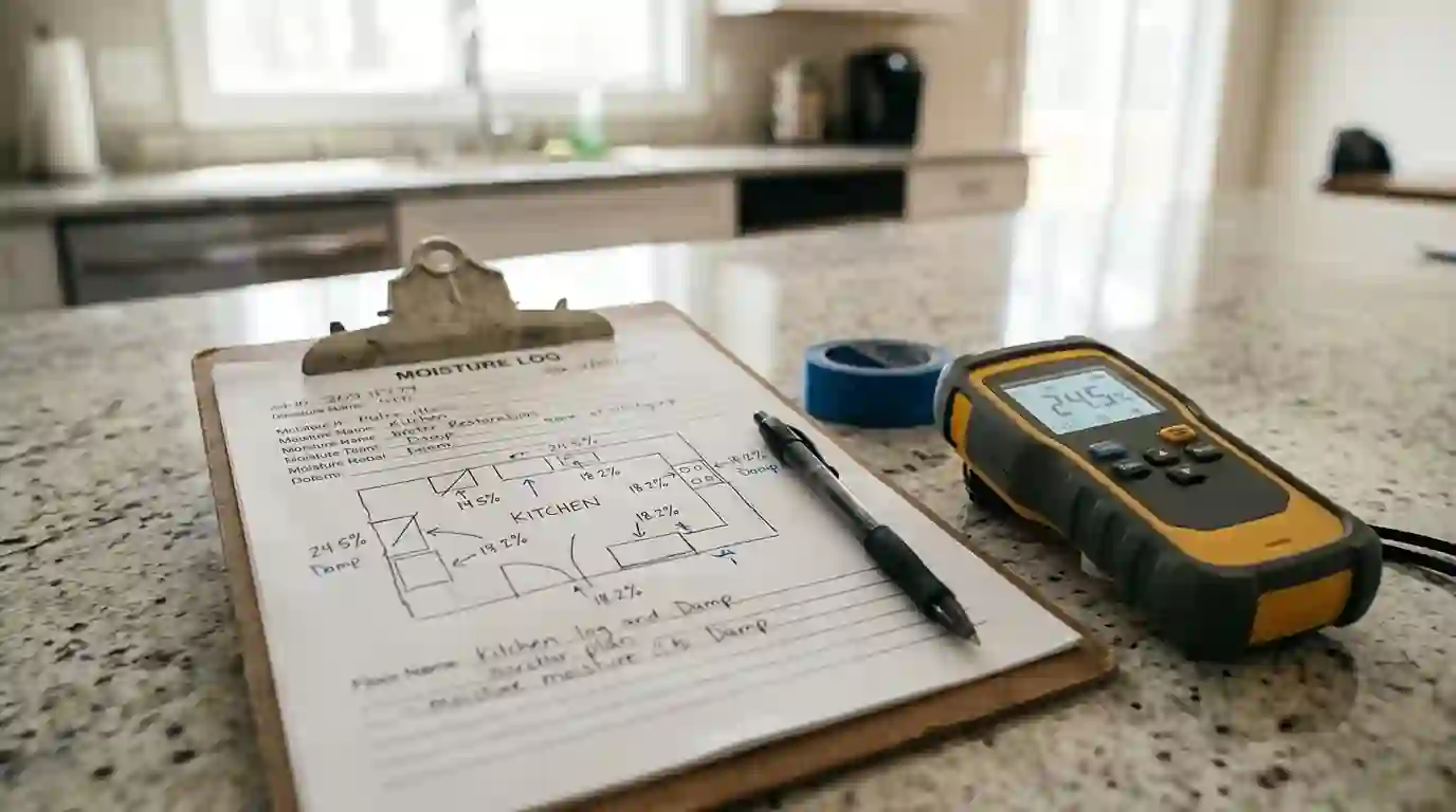 Moisture log and floor plan sketch on a clipboard