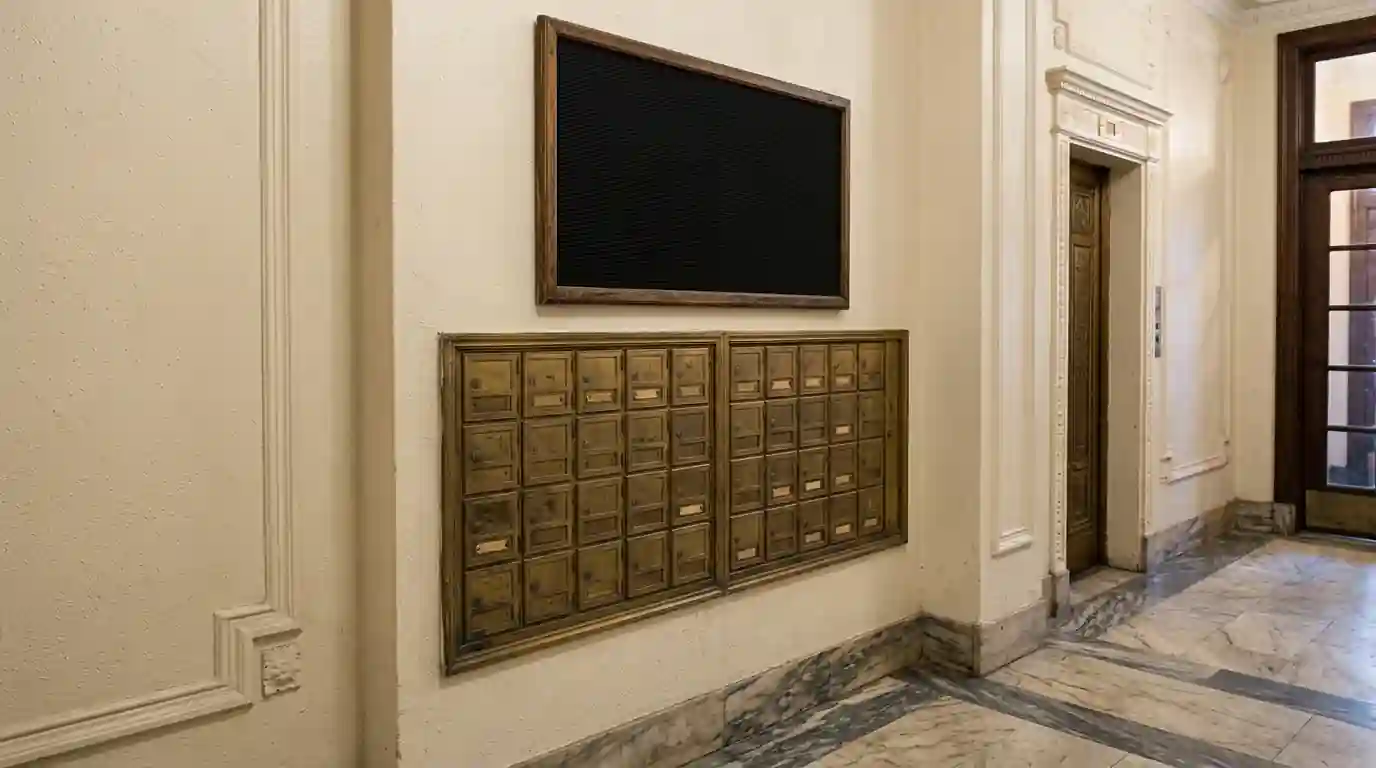 Lobby letterboard above brass mailboxes in a prewar building