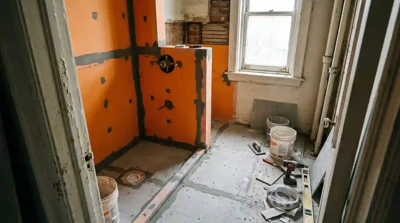Waterproofing membrane on a shower being rebuilt