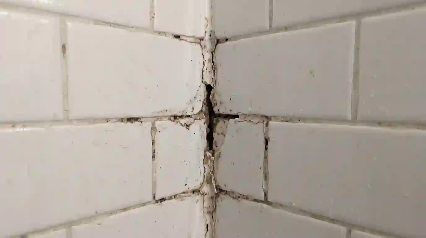 Cracked grout at the corner of a tiled shower wall