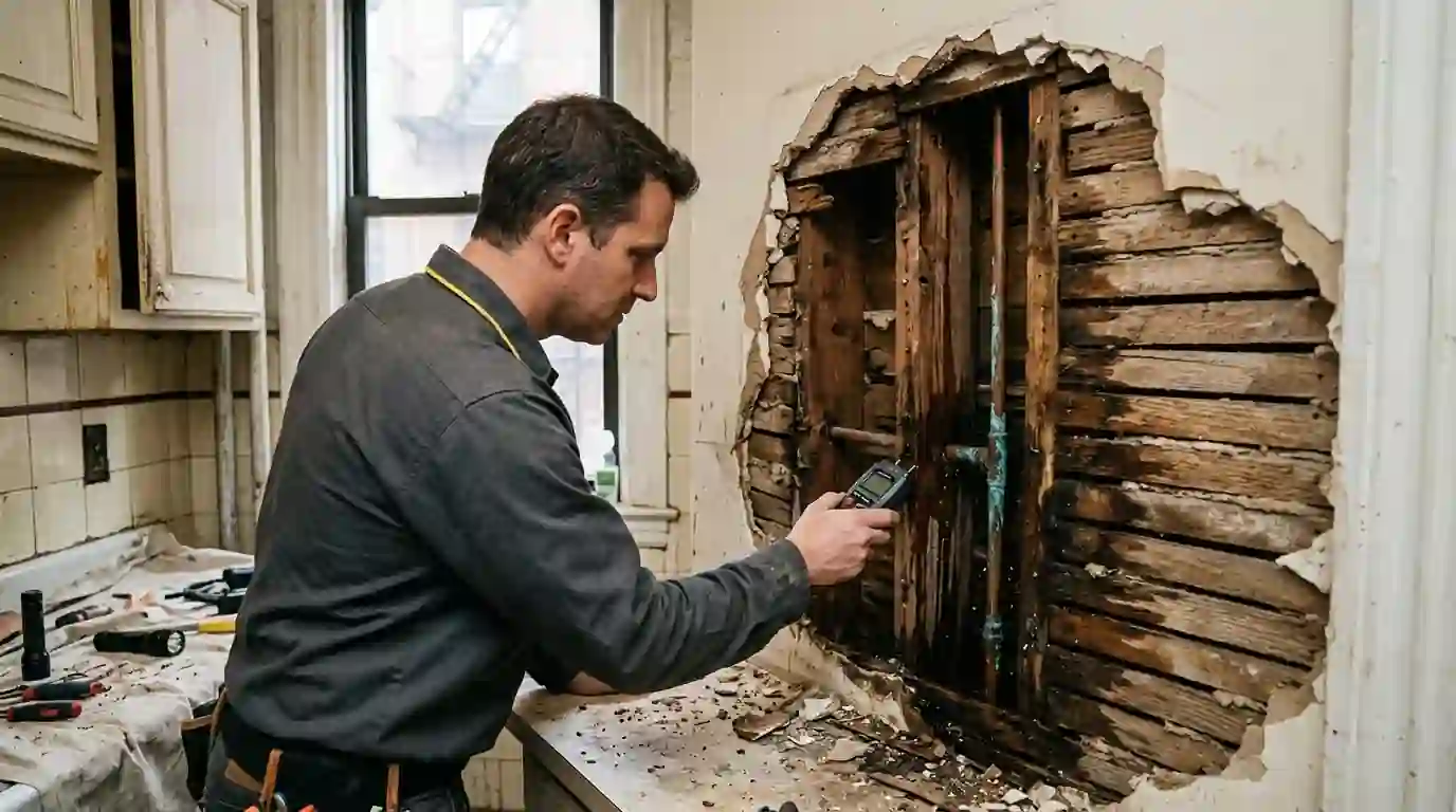 Opened kitchen wall with a split supply line and wet lath in a New York apartment